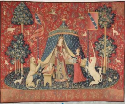 "A mon seul désir" est la dernière tapisserie de la tenture de la Dame à la Licorne. la seule explicitement nommée, elle incarnerait le sens ultime, le sixième, celui du coeur, porte d'accès au monde spirituel. intuition